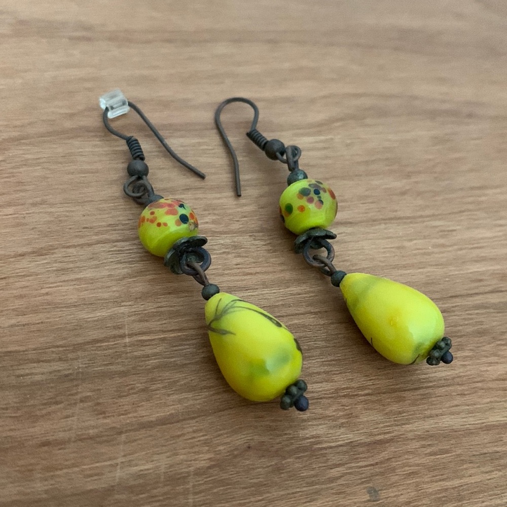 Unique handmade yellow Czech glass drop floral artisan earrings